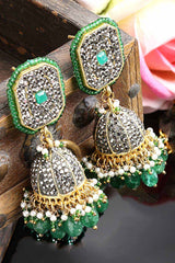 Grey And Green Gold-Plated American Diamonds And Pearls Jhumka Dangling