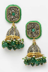 Grey And Green Gold-Plated American Diamonds And Pearls Jhumka Dangling