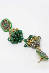 Grey And Green Gold-Plated American Diamonds And Pearls Jhumka Dangling