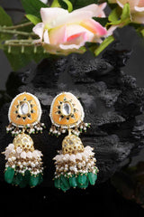 Orange And Green Gold-Plated Kundan And American Diamonds Jhumka Dangling