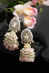 Pink And Grey Gold-Plated Kundan And American Diamonds Jhumka Dangling