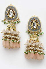 Pink And Grey Gold-Plated Kundan And American Diamonds Jhumka Dangling