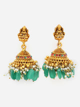 Green And Red Gold-Plated Pearls And Natural Stones Jhumkas Earring