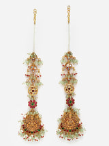 Pink And Green Gold-Plated Kundan And Pearls Jhumkas Earring