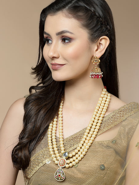 Buy Red and Gold Gold-Plated Pearls and Natural Stones Jhumkas Earring Online