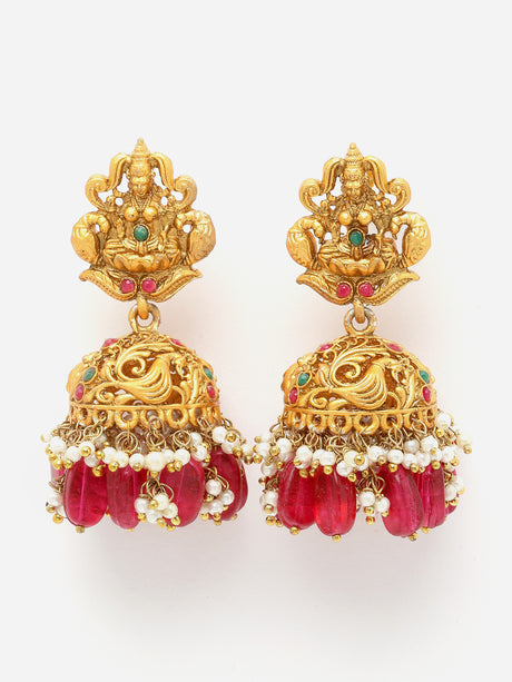 Red And Gold Gold-Plated Pearls And Natural Stones Jhumkas Earring