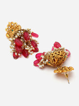 Red And Gold Gold-Plated Pearls And Natural Stones Jhumkas Earring