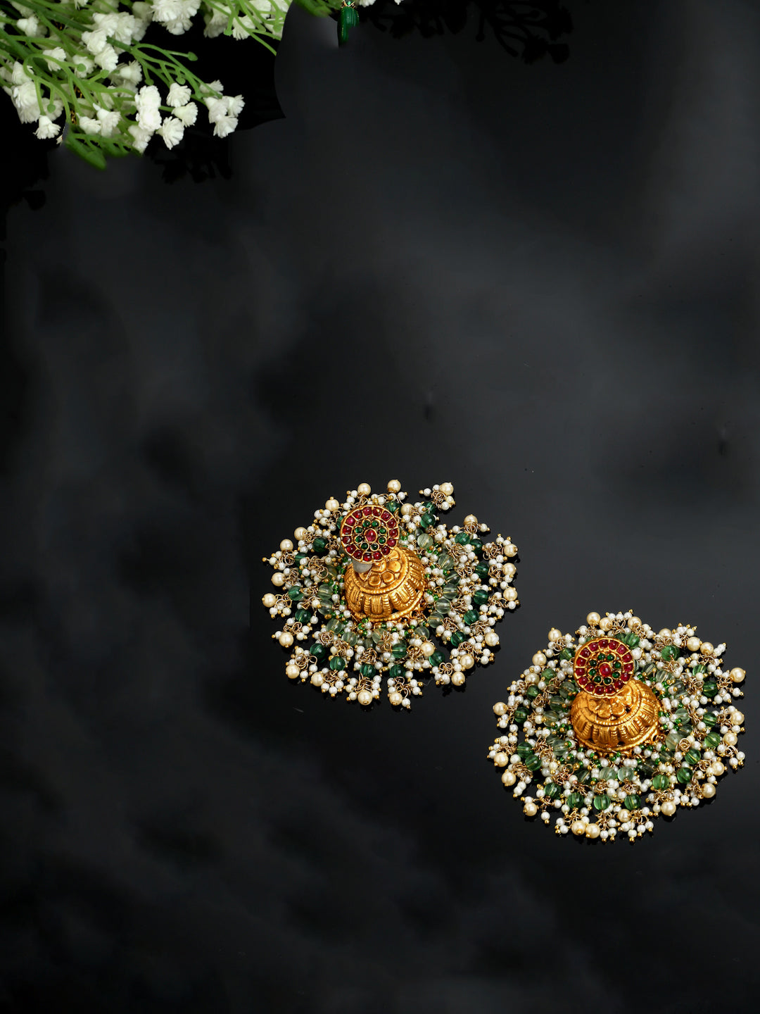 Green And Pink Gold-Plated Pearls And Natural Stones Jhumkas Earring