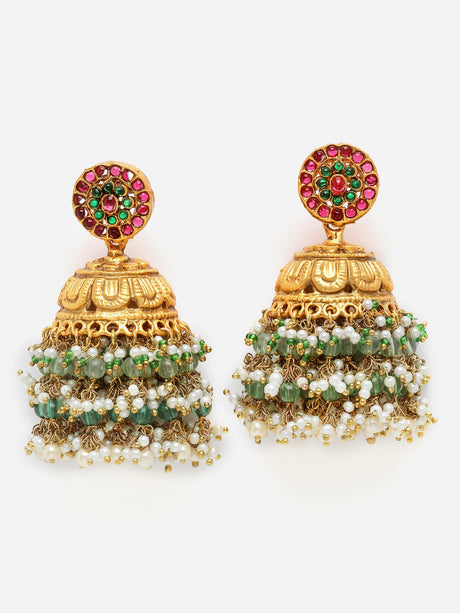 Green And Pink Gold-Plated Pearls And Natural Stones Jhumkas Earring