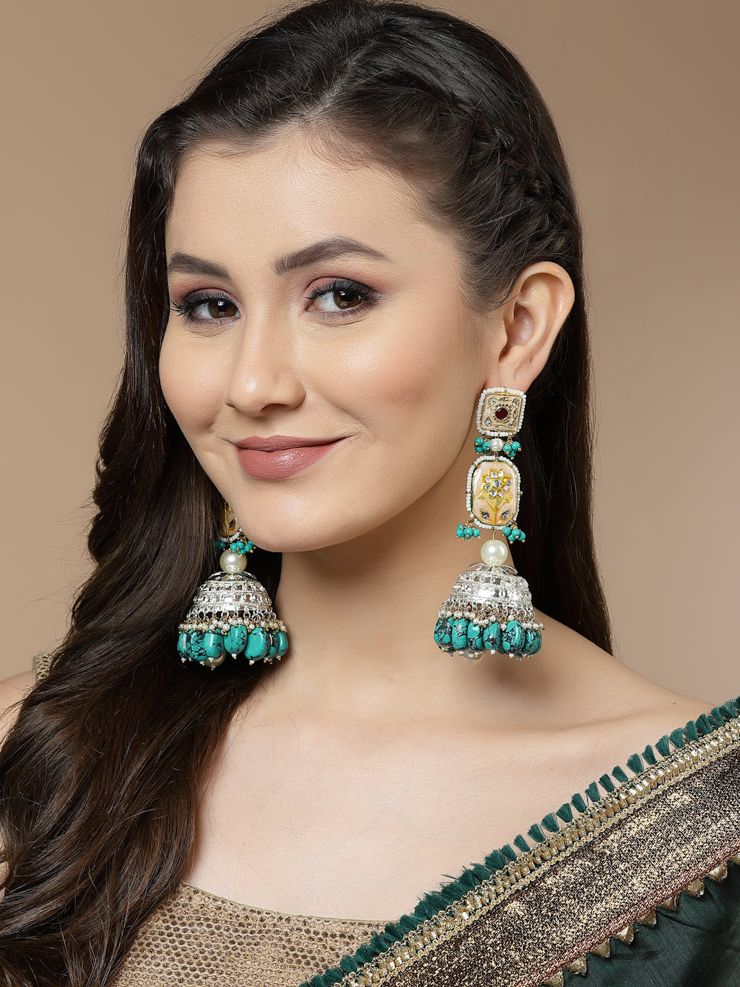 Buy Peach and Blue Silver-Plated Kundan and American Diamonds Jhumkas Earring Online
