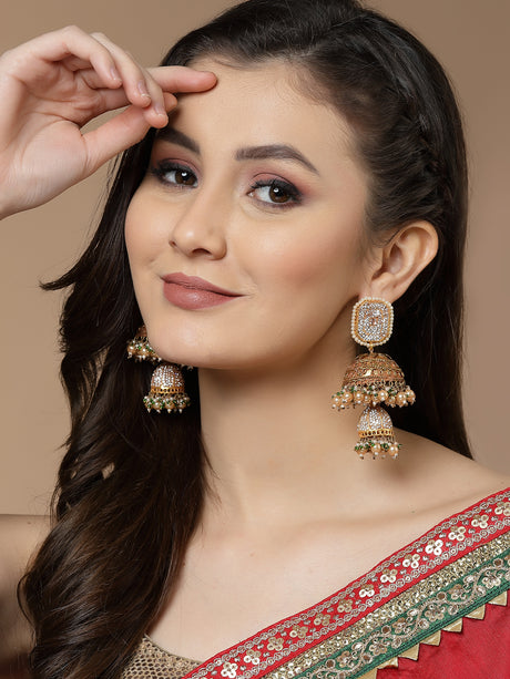 Buy Brown and Cream Gold-Plated American Diamonds and Pearls Jhumkas Earring Online