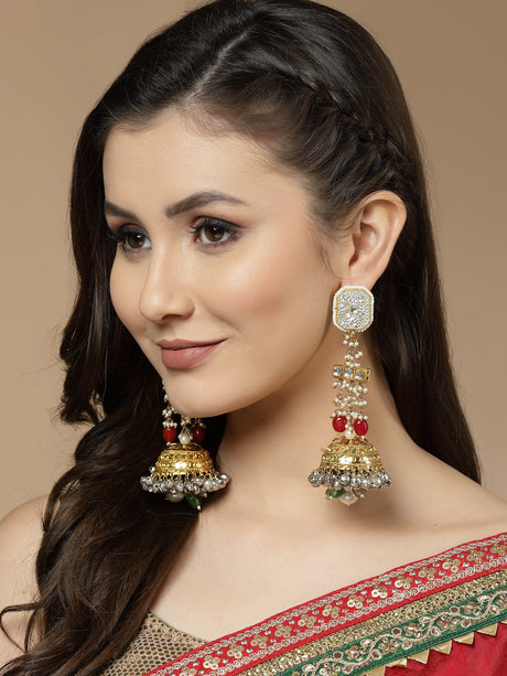 Buy Red and Silver Gold-Plated Kundan and American Diamonds Jhumkas Earring Online