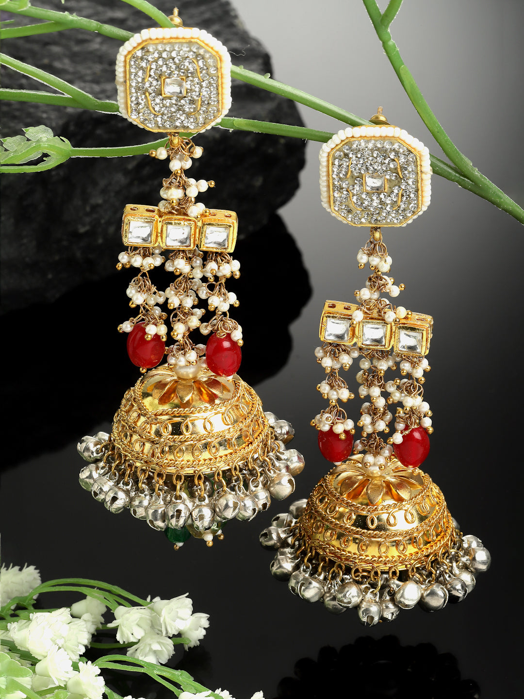 Red And Silver Gold-Plated Kundan And American Diamonds Jhumkas Earring