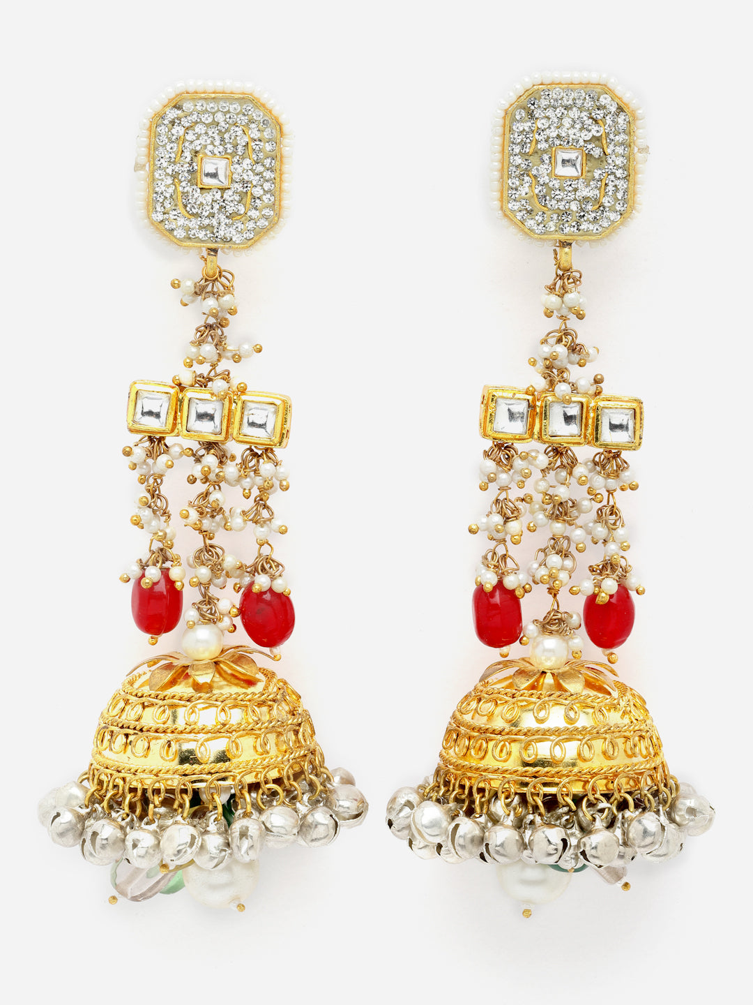 Red And Silver Gold-Plated Kundan And American Diamonds Jhumkas Earring