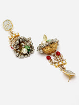 Red And Silver Gold-Plated Kundan And American Diamonds Jhumkas Earring