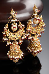 Red And Cream Gold-Plated Kundan And American Diamonds Jhumkas Earring