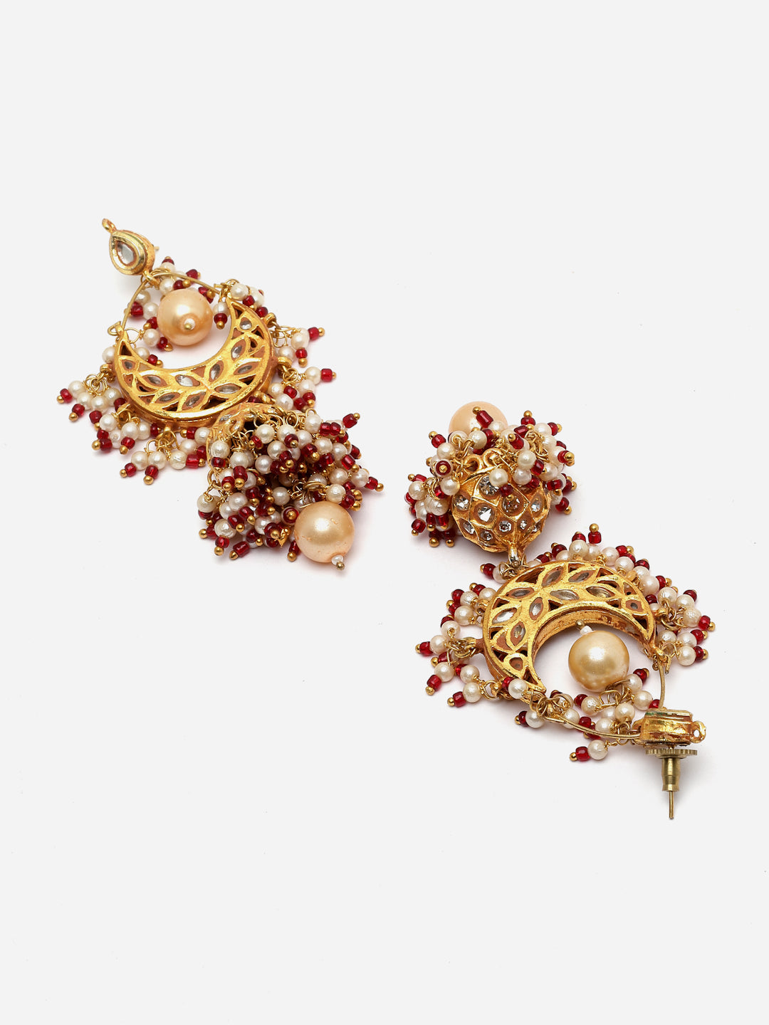 Red And Cream Gold-Plated Kundan And American Diamonds Jhumkas Earring