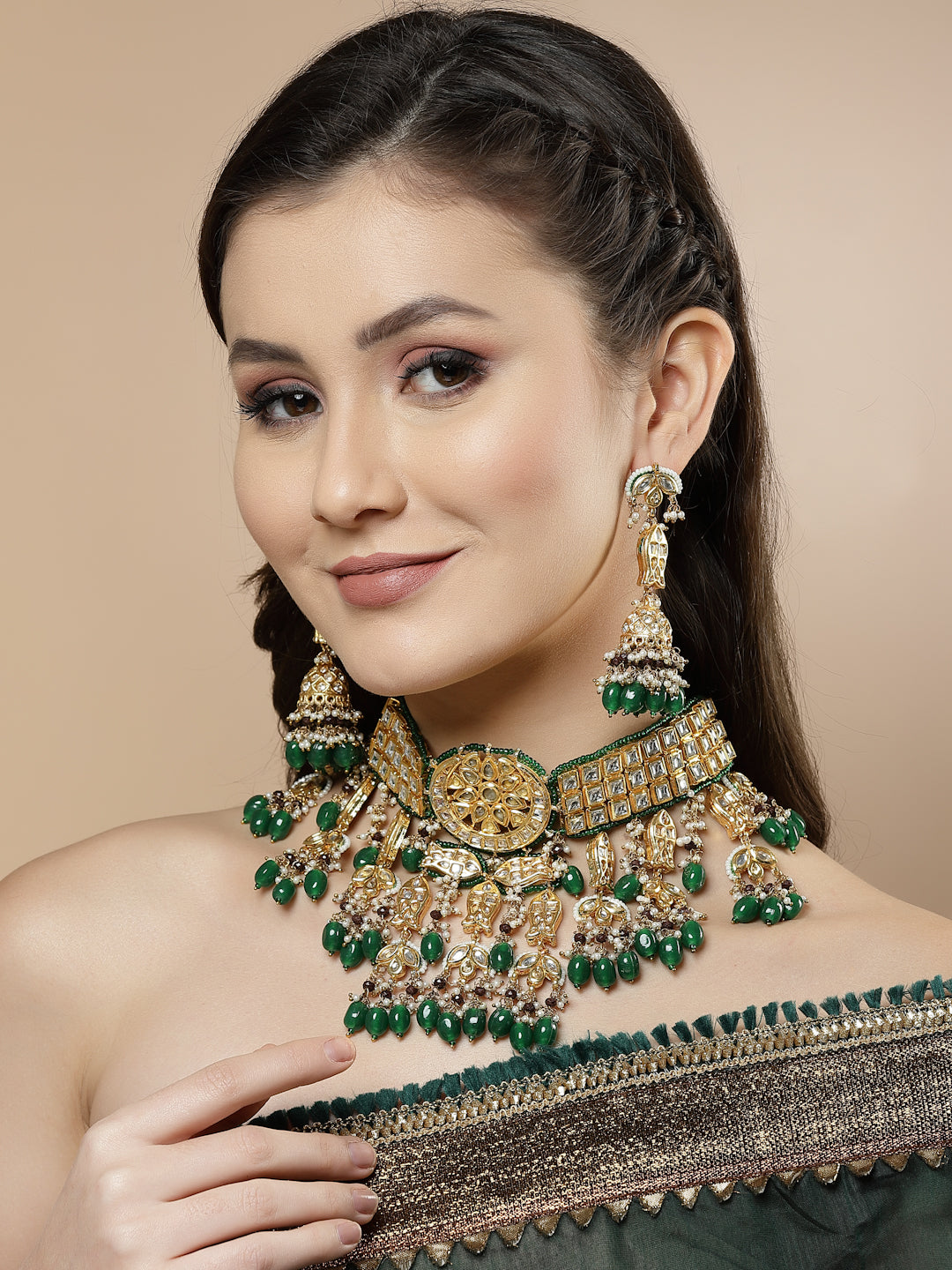 Buy Green and White Gold-Plated Kundan and American Diamonds Jhumkas Earring Online