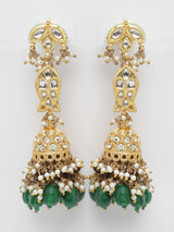 Green And White Gold-Plated Kundan And American Diamonds Jhumkas Earring