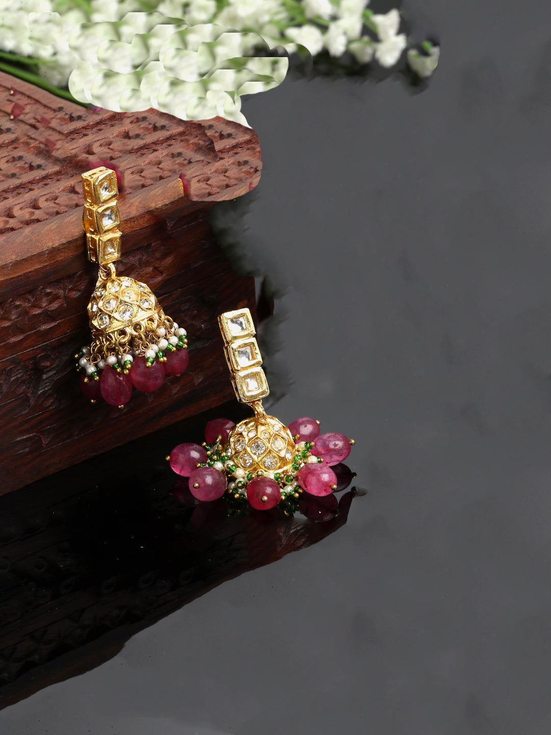 Pink And Green Gold-Plated Kundan And American Diamonds Jhumkas Earring