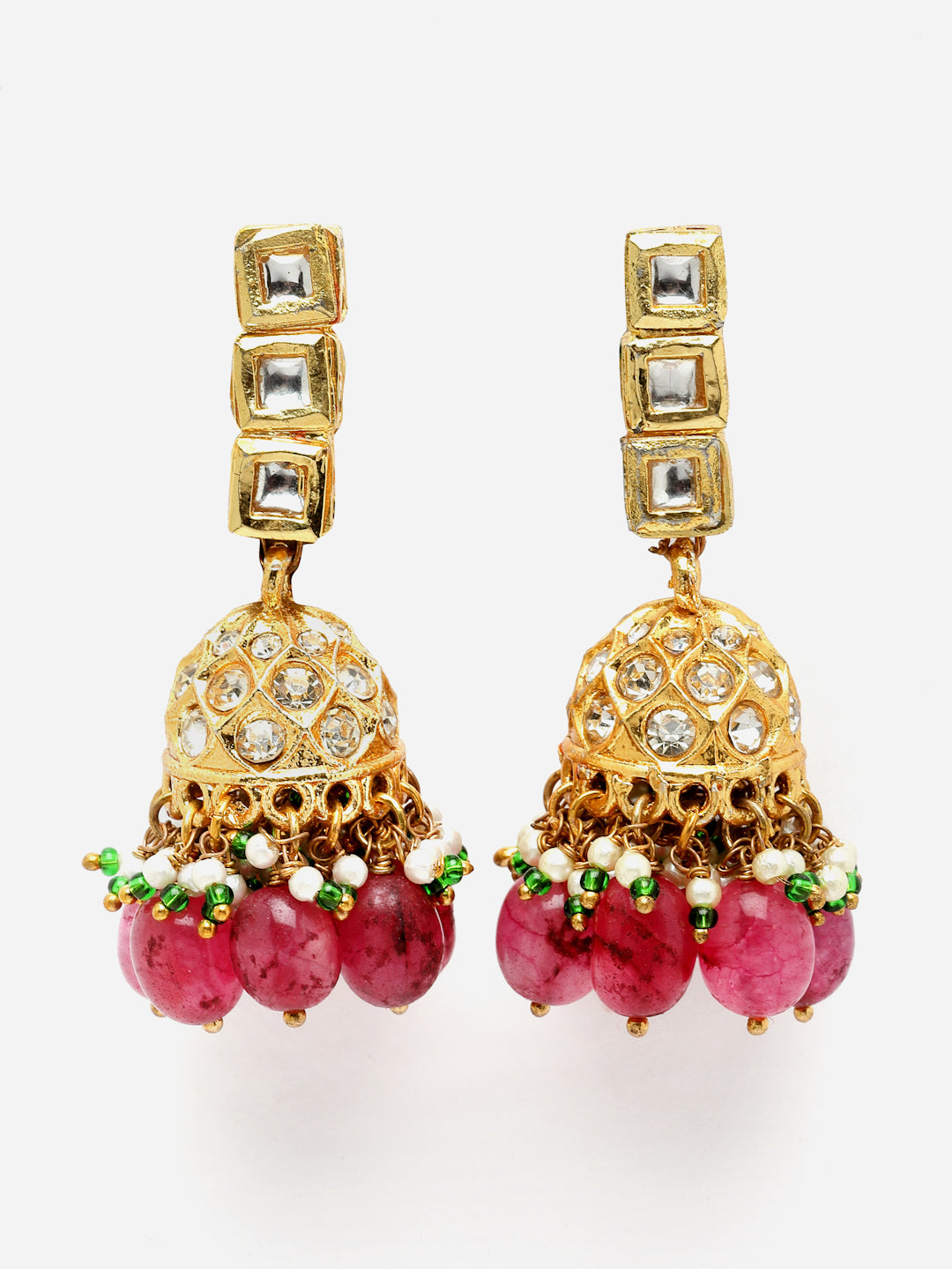 Pink And Green Gold-Plated Kundan And American Diamonds Jhumkas Earring