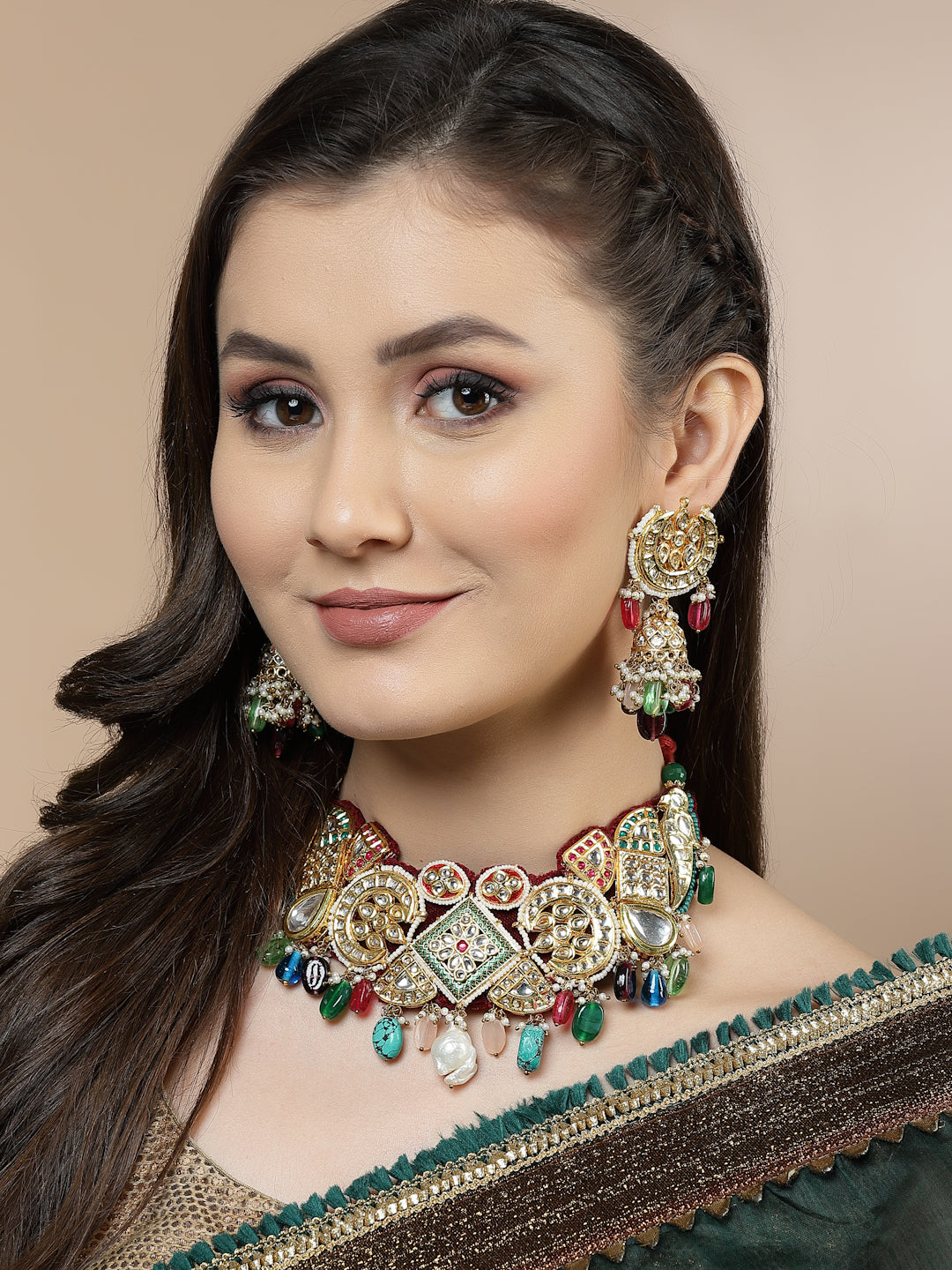 Buy Green and Pink Gold-Plated Kundan and American Diamonds Jhumkas Earring Online
