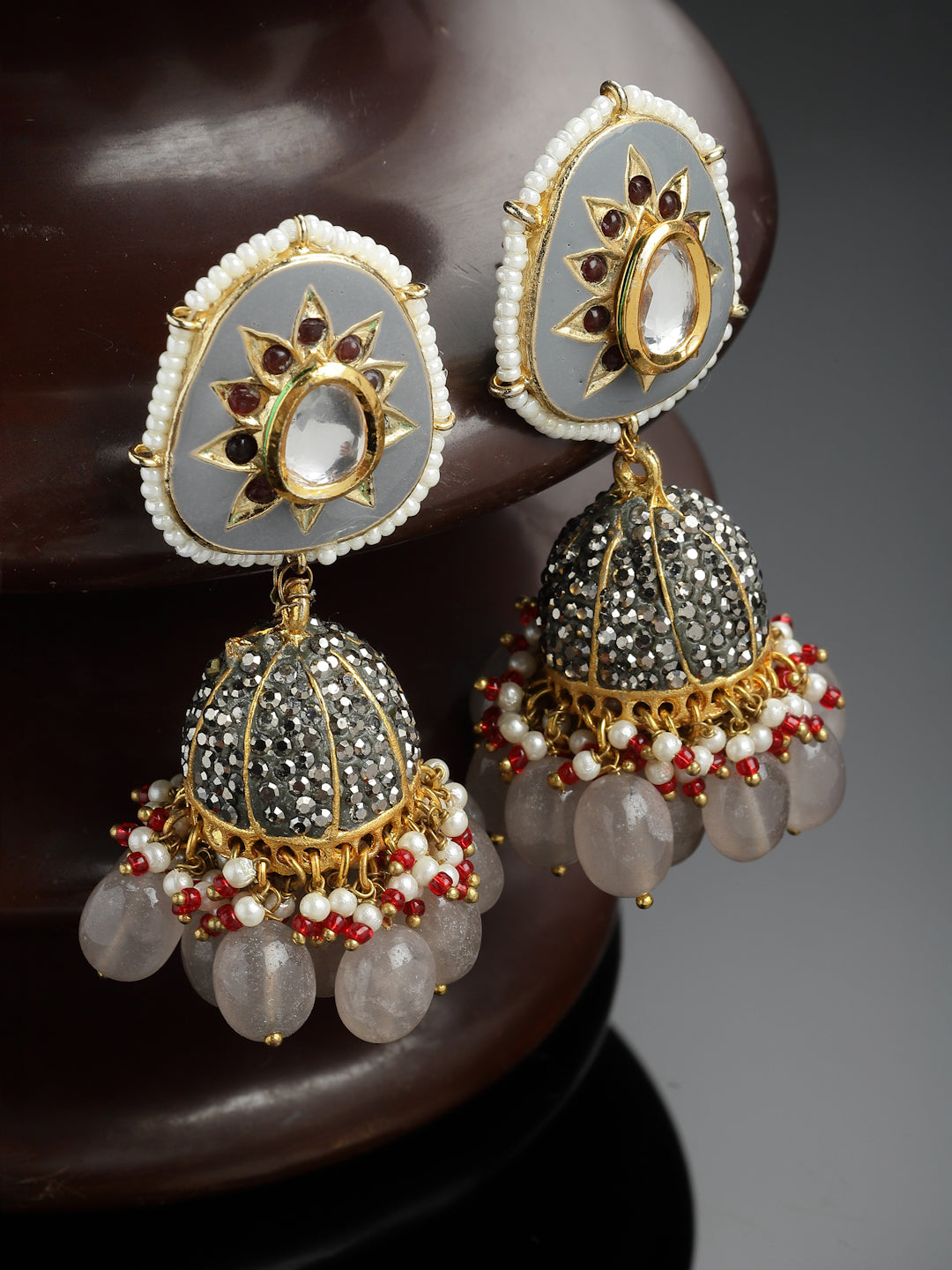 Grey And Pink Gold-Plated Kundan And American Diamonds Jhumkas Earring