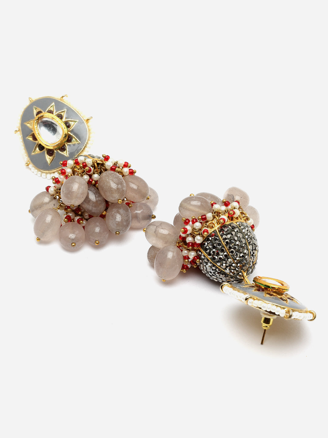 Grey And Pink Gold-Plated Kundan And American Diamonds Jhumkas Earring