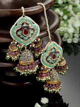 Blue And Purple Gold-Plated American Diamonds And Pearls Jhumkas Earring