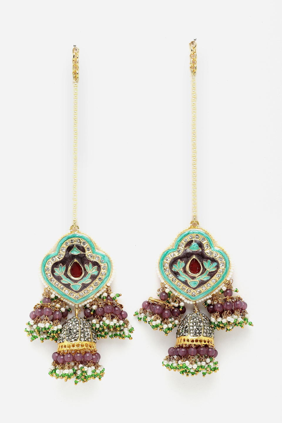 Blue And Purple Gold-Plated American Diamonds And Pearls Jhumkas Earring