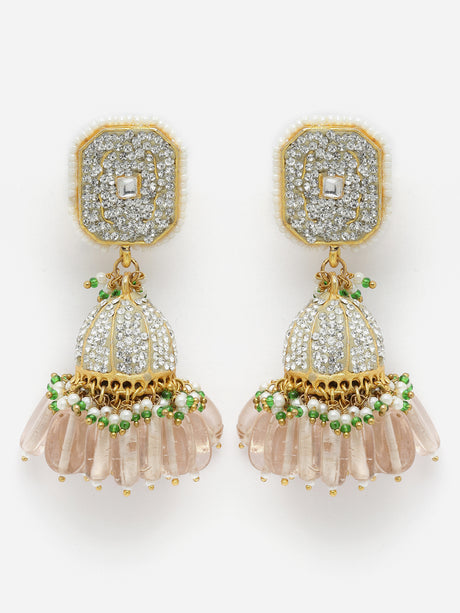 Pink And Green Gold-Plated American Diamonds And Pearls Jhumkas Earring