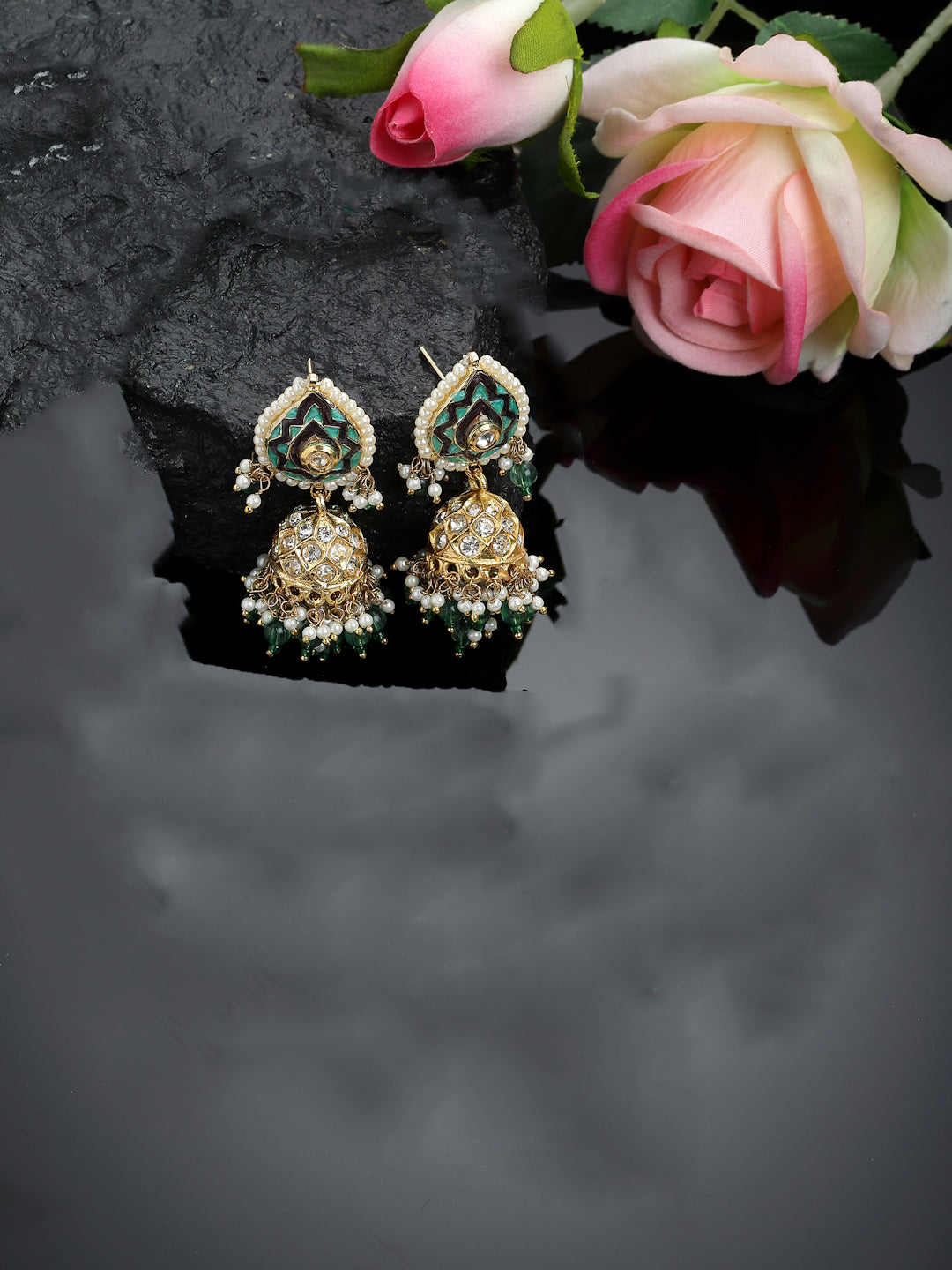 Green And Grey Gold-Plated American Diamonds And Kundan Jhumkas Earring