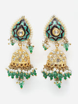 Green And Grey Gold-Plated American Diamonds And Kundan Jhumkas Earring