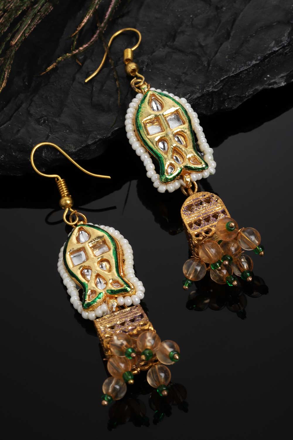 Green And Gold Kundan And Pearls Jhumkas Earring