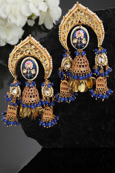 Blue And Gold Kundan And Pearls Jhumkas Earring