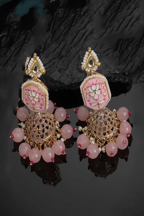 Pink And Gold Kundan And Pearls Jhumkas Earring