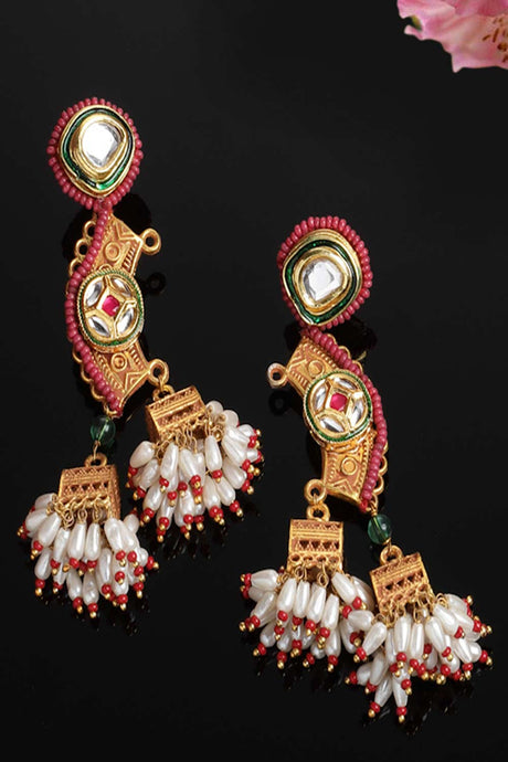 Red And Gold Kundan And Pearls Jhumkas Earring