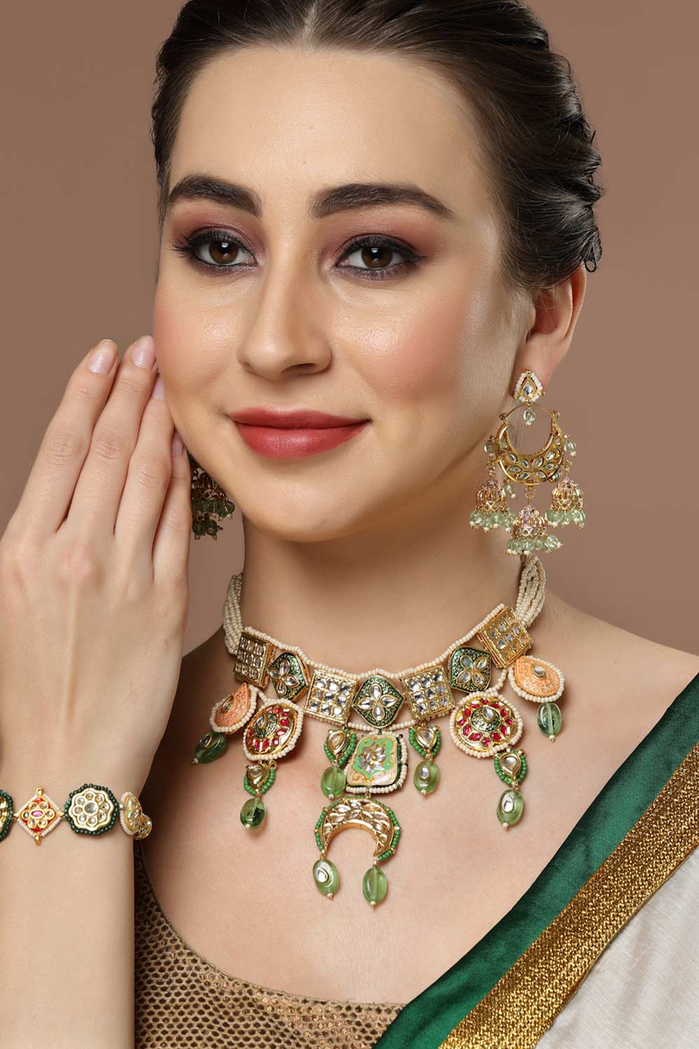 Green And Gold Kundan And Pearls Chandbali Earring