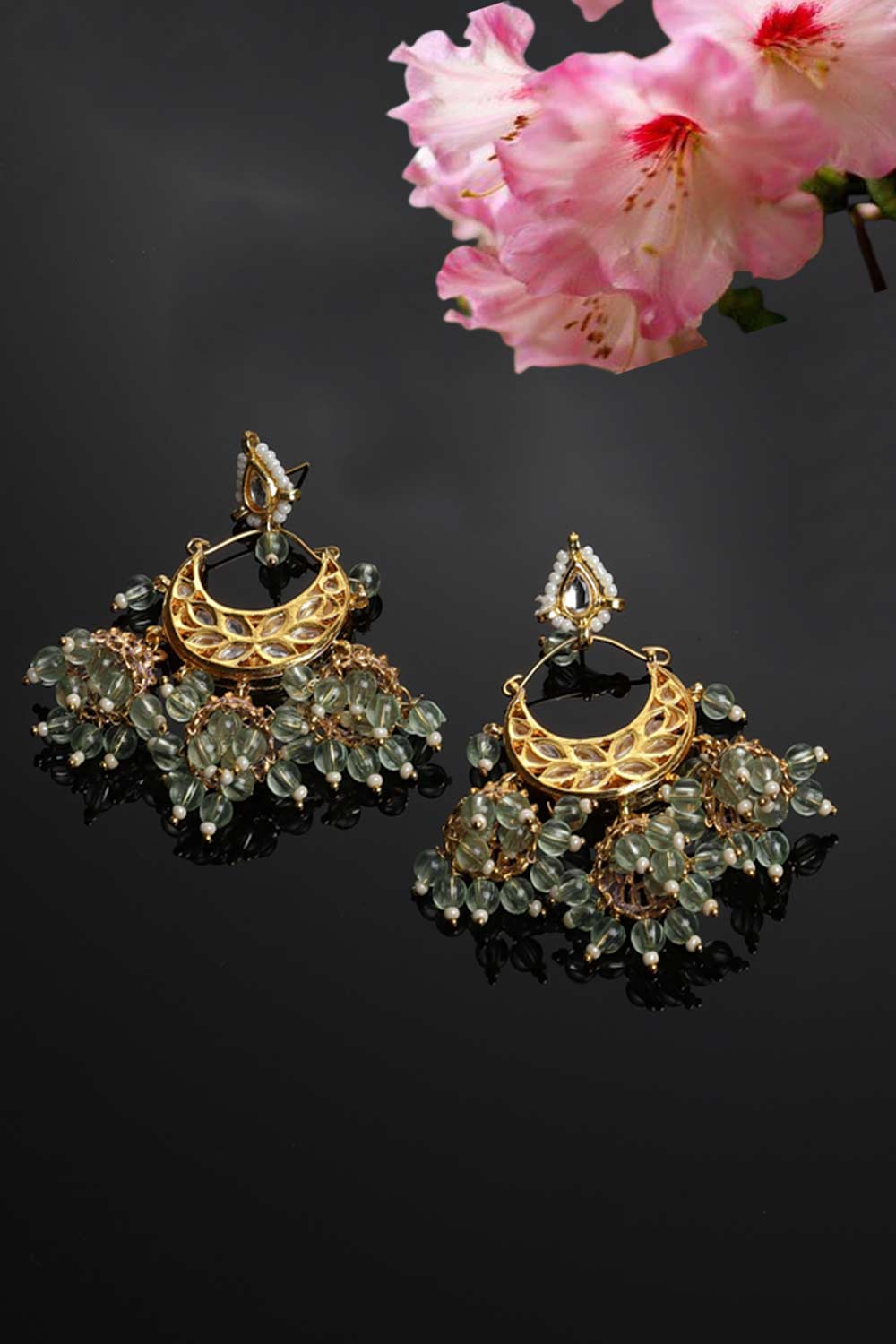 Green And Gold Kundan And Pearls Chandbali Earring