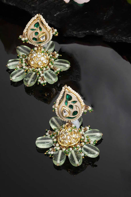 Green And Gold Kundan And American Diamonds Jhumkas Earring