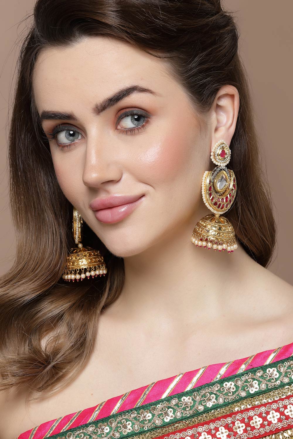 Red And Pink Jhumkas Earring With Kundan And American Diamond