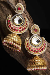 Red And Pink Jhumkas Earring With Kundan And American Diamond