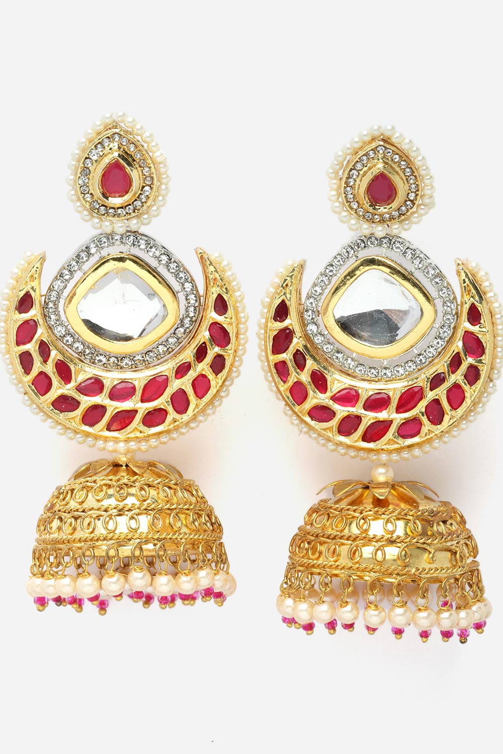 Red And Pink Jhumkas Earring With Kundan And American Diamond