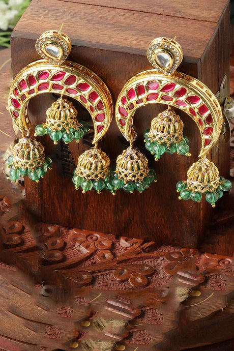 Red And Green Jhumkas Earring With Kundan And American Diamond