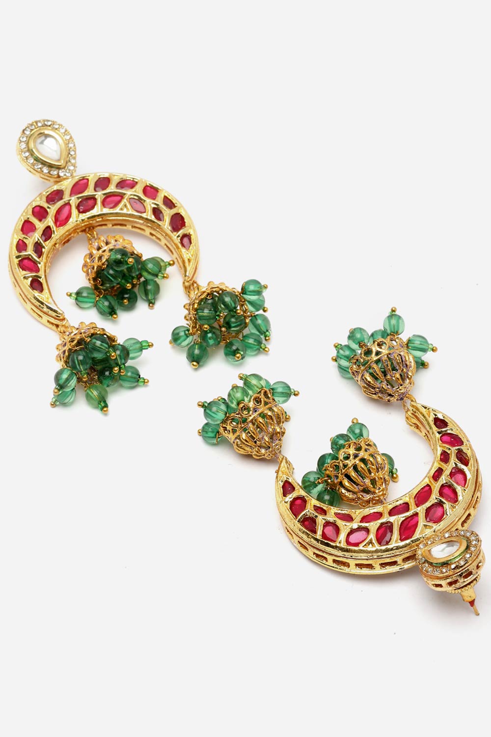 Red And Green Jhumkas Earring With Kundan And American Diamond