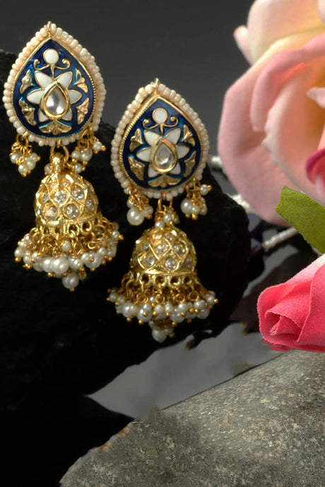 Blue And Gold Jhumkas Earring With Kundan And American Diamond