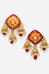 Red And Pink Jhumkas Earring With Kundan And Pearls