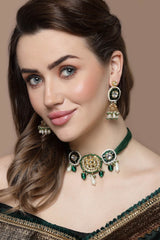 Green And Gold Jhumkas Earring With Kundan And Pearls