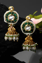 Green And Gold Jhumkas Earring With Kundan And Pearls