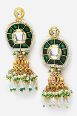 Green And Gold Jhumkas Earring With Kundan And Pearls